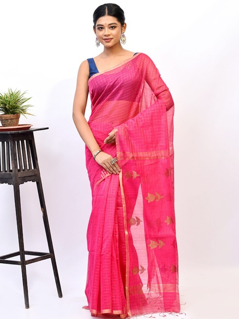 

AllSilks Pink & Gold-Toned Checked Zari Silk Blend Saree