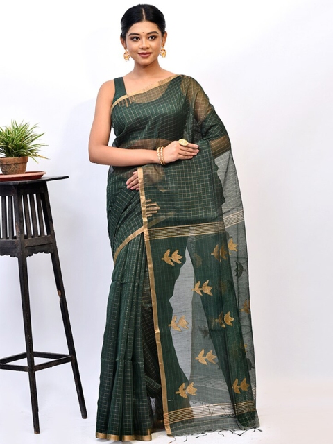 

AllSilks Green & Gold-Toned Checked Zari Silk Blend Saree