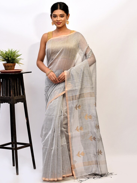

AllSilks Grey & Gold-Toned Checked Zari Silk Blend Saree