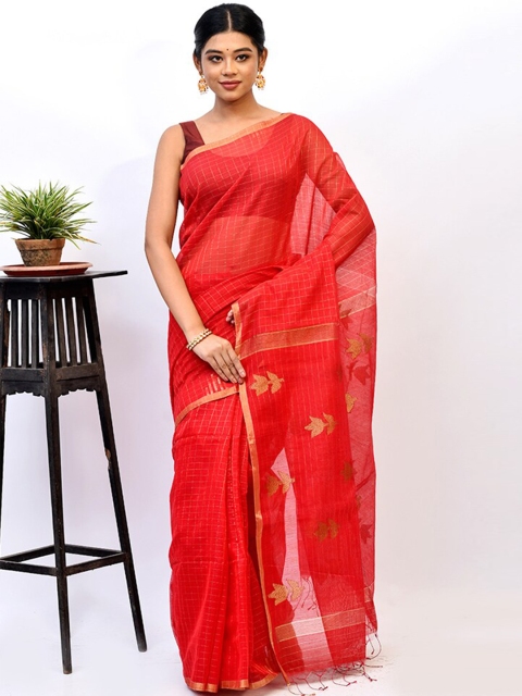 

AllSilks Red & Gold-Toned Checked Zari Silk Blend Saree