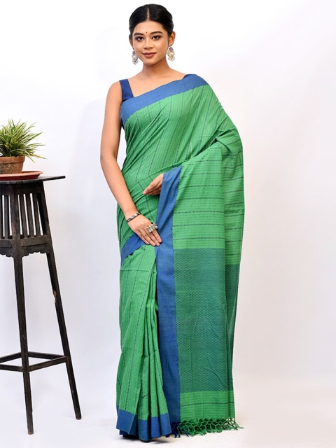 

AllSilks Green & Blue Striped Silk Blend Saree