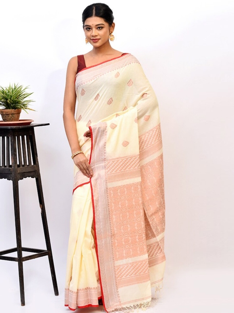 

AllSilks Cream-Coloured & Orange Ethnic Motif Zari Silk Blend Saree