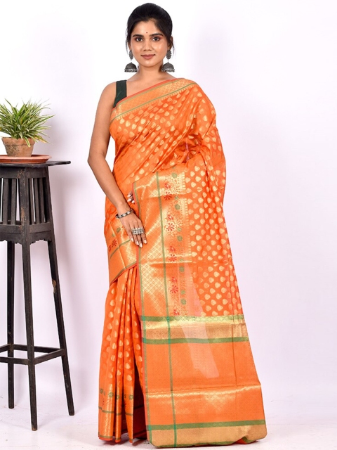 

AllSilks Orange & Green Ethnic Motif Zari Silk Cotton Saree