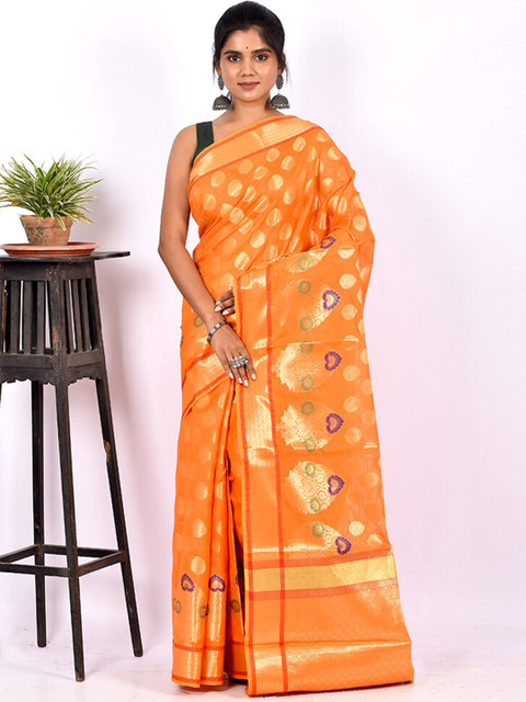 

AllSilks Orange & Purple Ethnic Motif Zari Silk Cotton Saree