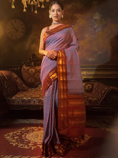 

AllSilks Mauve & Gold-Toned Checked Zari Pure Silk Gadwal Saree