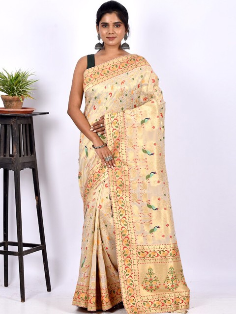 

AllSilks Cream-Coloured & Green Ethnic Motif Zari Pure Silk Uppada Saree
