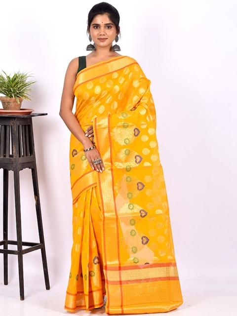 

AllSilks Yellow & Green Ethnic Motif Zari Silk Cotton Saree