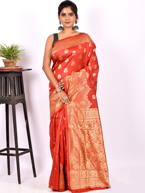 

AllSilks Red & Gold-Toned Ethnic Motif Zari Art Silk Saree