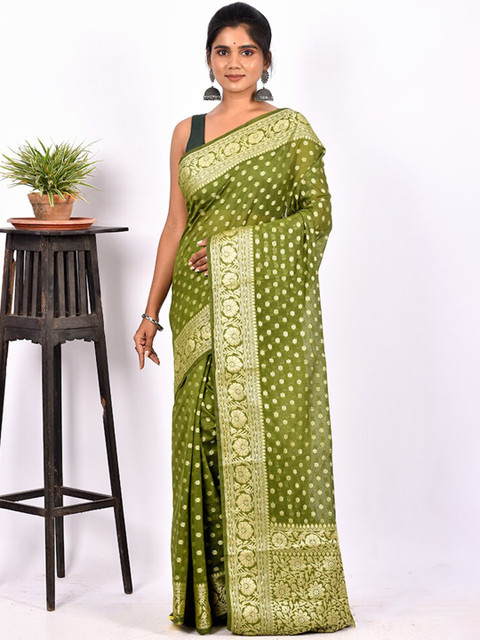 

AllSilks Olive Green & Gold-Toned Floral Zari Saree