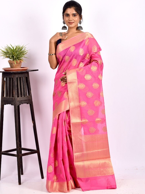 

AllSilks Pink & Gold-Toned Ethnic Motif Zari Silk Cotton Saree