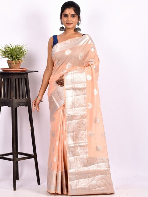 

AllSilks Peach-Coloured & Silver-Toned Ethnic Motif Zari Saree