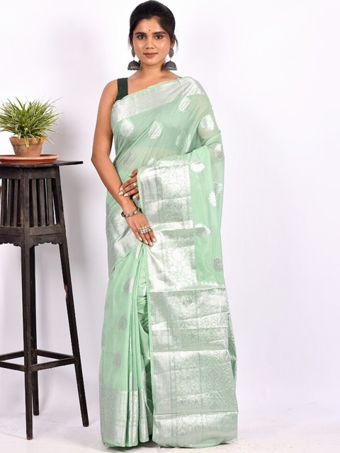 

AllSilks Green & Silver-Toned Ethnic Motif Zari Saree