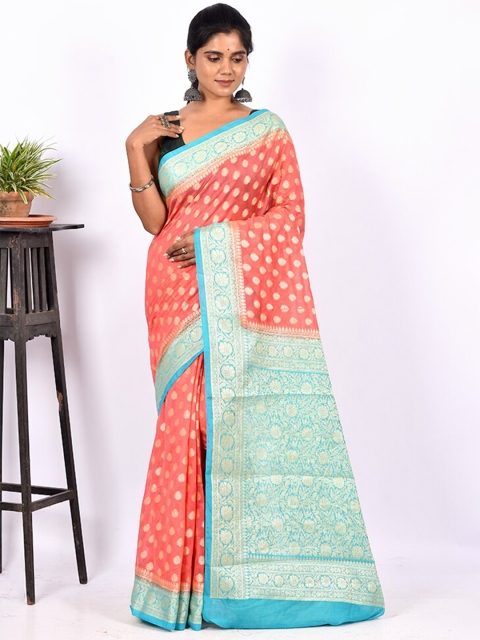 

AllSilks Pink & Blue Floral Zari Saree