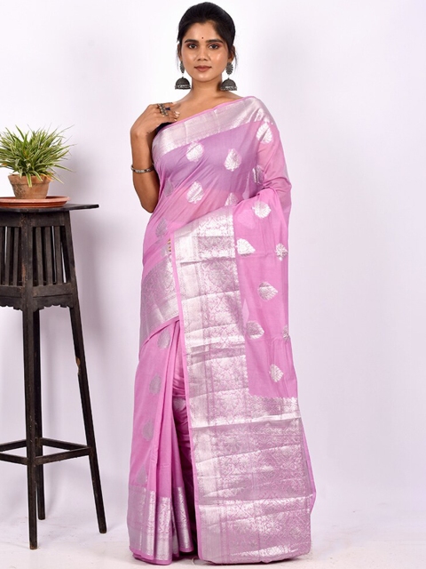 

AllSilks Pink & Silver-Toned Ethnic Motifs Zari Saree