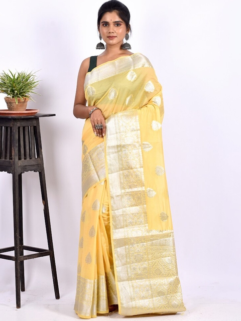 

AllSilks Yellow & Silver-Toned Woven Design Zari Saree