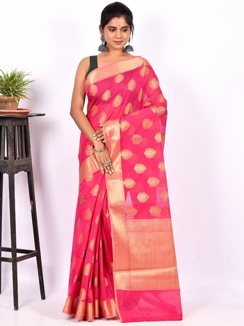 

AllSilks Pink & Gold-Toned Ethnic Motifs Zari Silk Cotton Saree