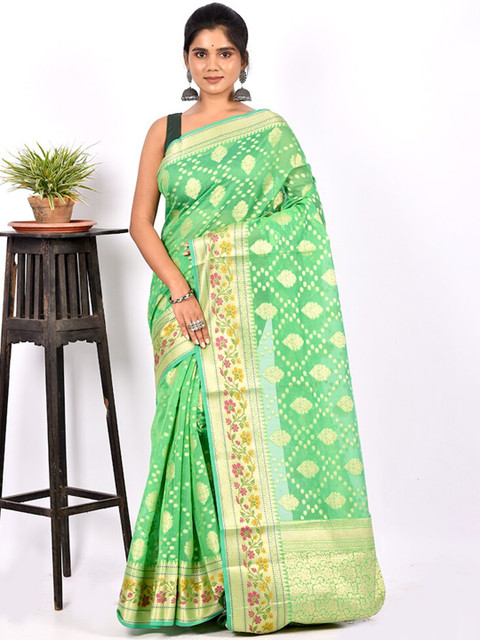 

AllSilks Green & Pink Ethnic Motif Zari Silk Cotton Saree