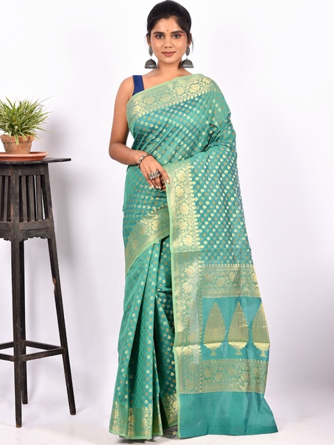 

AllSilks Green & Gold-Toned Ethnic Motif Zari Silk Cotton Saree