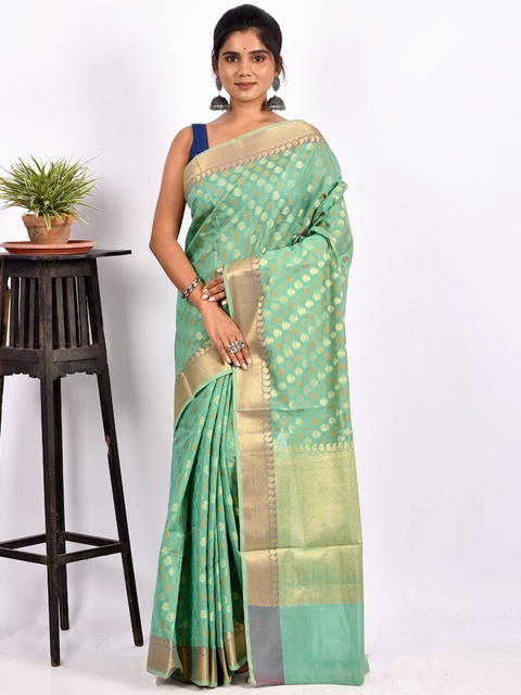 

AllSilks Green & Gold-Toned Ethnic Motif Zari Silk Cotton Saree