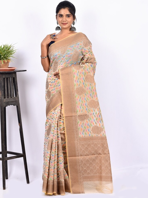 

AllSilks Cream-Coloured & Pink Ethnic Motif Zari Silk Cotton Saree