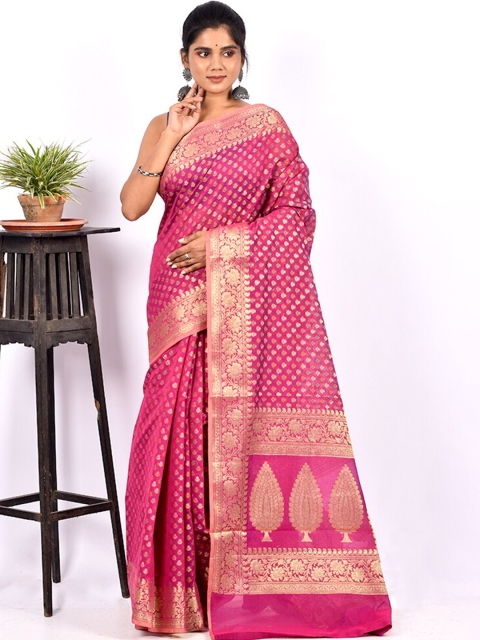 

AllSilks Magenta & Gold-Toned Ethnic Motif Zari Silk Cotton Saree