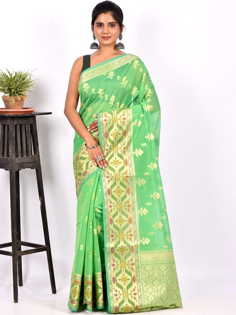 

AllSilks Green & Pink Floral Zari Silk Cotton Saree