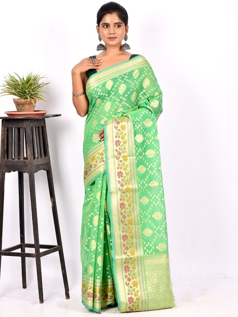 

AllSilks Green & Pink Ethnic Motif Zari Silk Cotton Saree