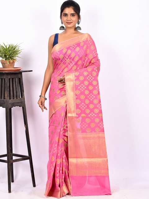 

AllSilks Pink & Gold-Toned Ethnic Motifs Zari Silk Cotton Saree