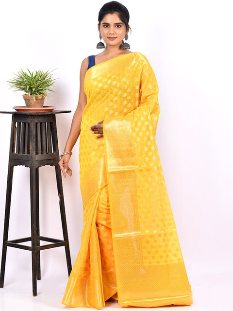 

AllSilks Yellow & Gold-Toned Ethnic Motif Zari Silk Cotton Saree