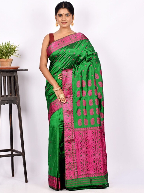 

AllSilks Green & Pink Paisley Zari Pure Silk Saree