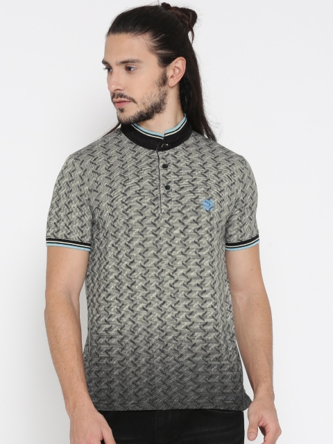 

Duke Men Grey & Black Printed Mandarin Collar T-shirt