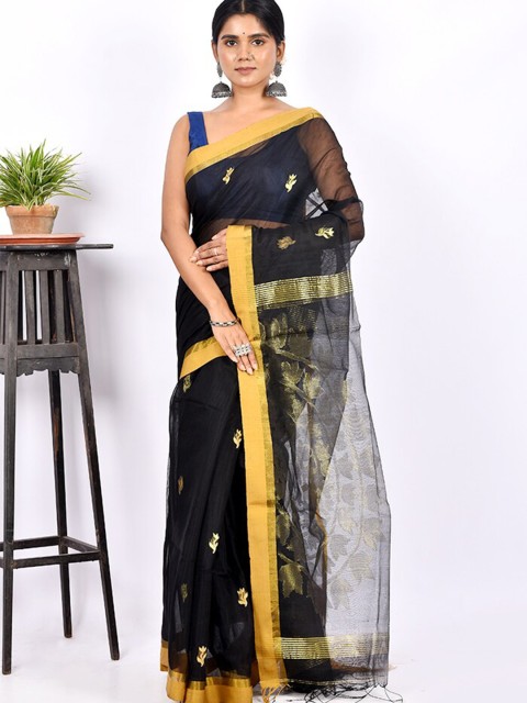 

AllSilks Black & Gold-Toned Ethnic Motifs Zari Silk Blend Saree