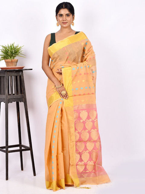 

AllSilks Cream-Coloured & Pink Ethnic Motifs Silk Blend Saree