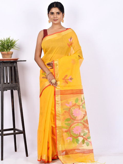 

AllSilks Yellow & Green Floral Woven Design Zari Silk Blend Saree