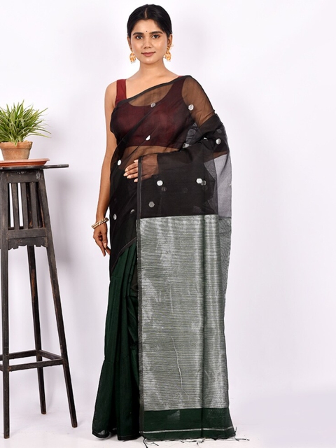 

AllSilks Black & Silver-Toned Polka Dot Silk Blend Saree