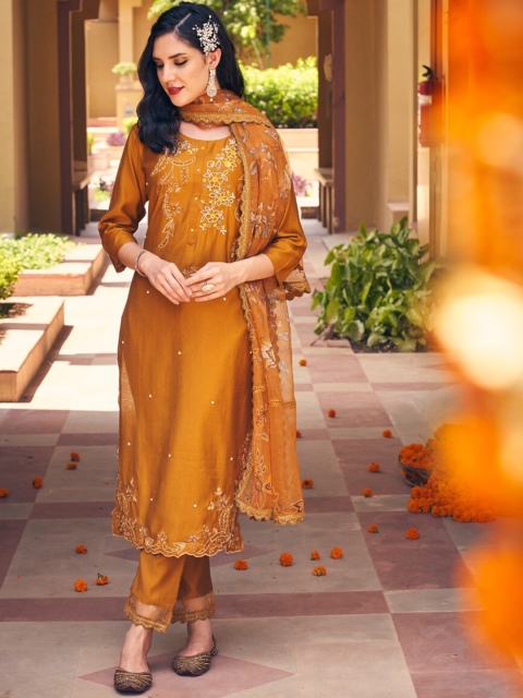 

AUTUMN LANE Women Yellow Ethnic Motifs Embroidered Kurti with Salwar & With Dupatta