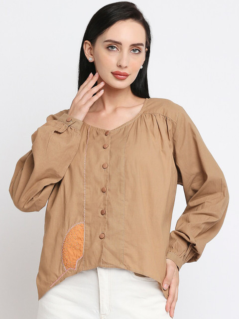 

Orbbaan Brown & White Organic Cotton Thread Work Top
