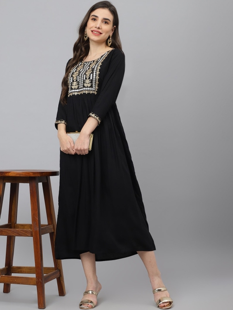 

ADAA JAIPUR Women Black Floral Yoke Design Thread Work Flared Kurta