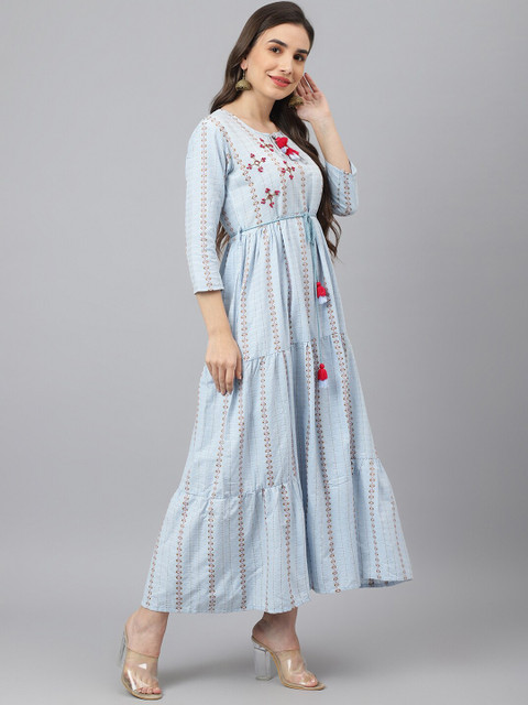 

ADAA JAIPUR Women Blue Floral Embroidered Tiered Anarkali Kurta