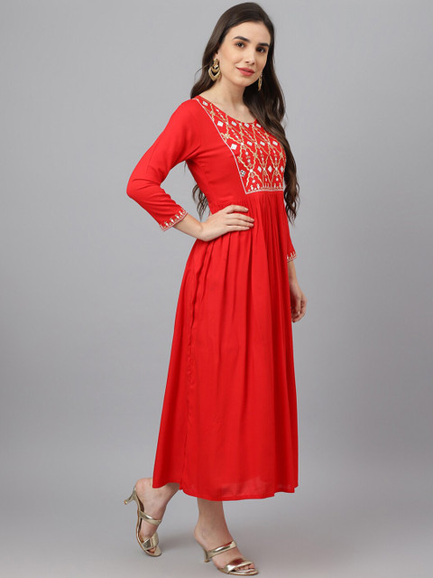 

ADAA JAIPUR Women Red Ethnic Motifs Yoke Design Thread Work Anarkali Kurta