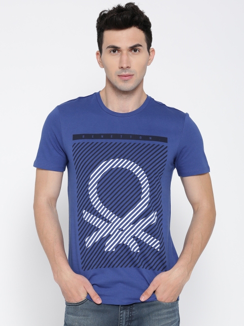 United Colors of Benetton Men Blue Printed Round Neck T-shirt