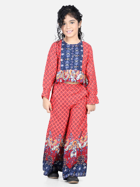 

AWW HUNNIE Girls Coral & Blue Printed Pure Cotton Top with Trousers