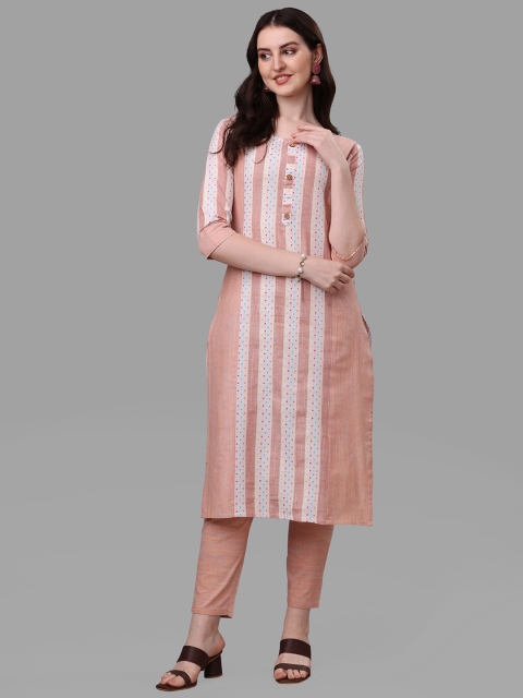 

KALINI Women Peach-Coloured Striped Pure Cotton Kurta with Trousers & With Dupatta