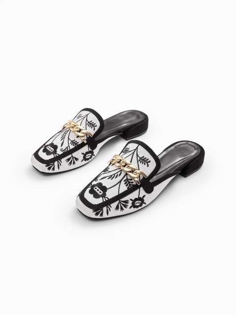 

The Label Life Women White Textured Embroidered Mules