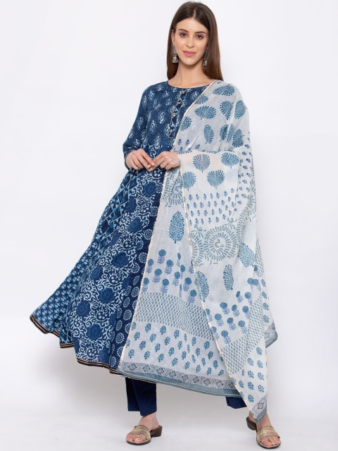 

Yuris Women Navy Blue Floral Printed Pure Cotton Kurta with Trouser & Dupatta