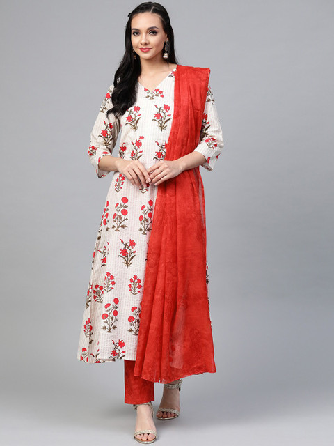 

Yuris Women Off White Floral Printed Angrakha Pure Cotton Kurta with Trouser & Dupatta