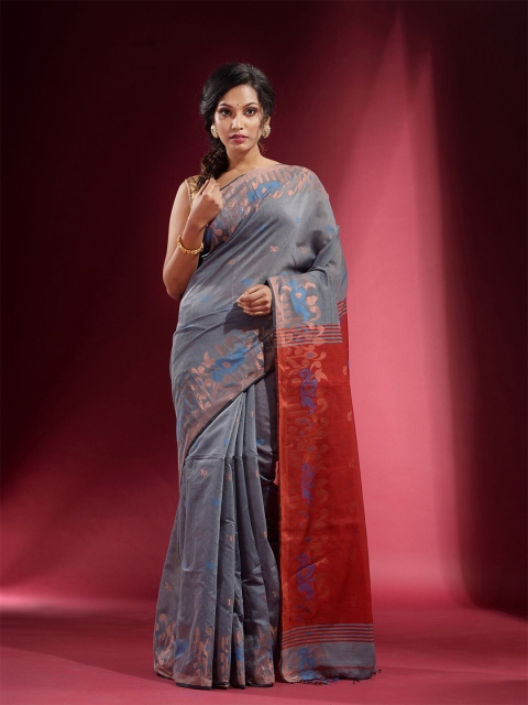 

Charukriti Grey & Orange Woven Design Zari Saree