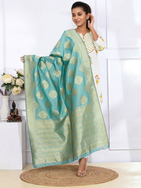 

Kesarya Women Blue & Gold-Toned Ethnic Motifs Woven Design Pure Silk Dupatta with Zari