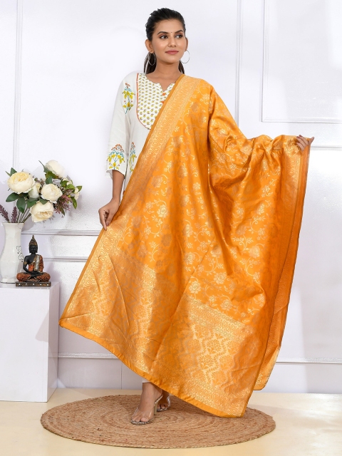 

Kesarya Women Mustard & Gold-Toned Woven Design Pure Silk Dupatta with Zari