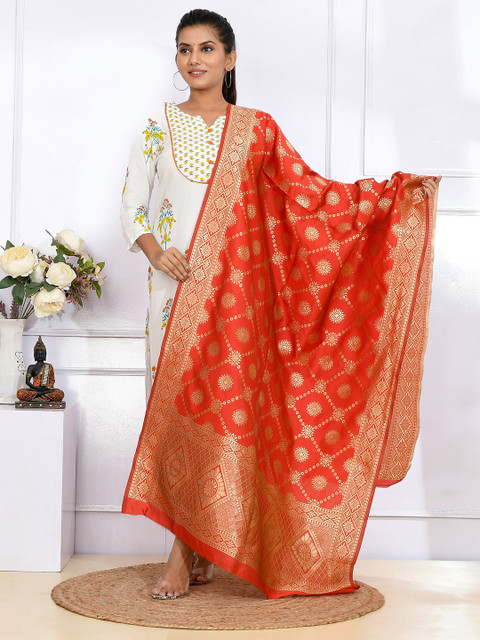 

Kesarya Women Red & Gold-Toned Ethnic Motifs Woven Design Pure Silk Dupatta with Zari